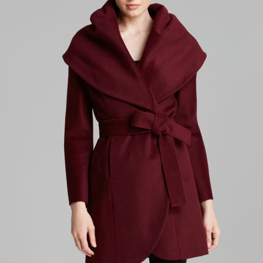 Eli TAHARI Cranberry Wool Wrap Caplet Collar Coat